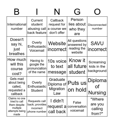 Outbound Bingo Card