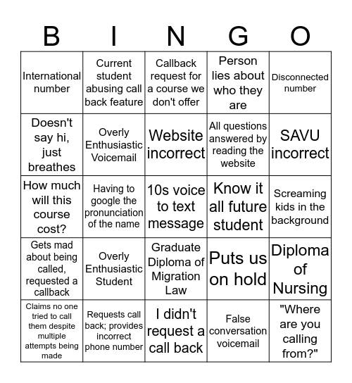 Outbound Bingo Card