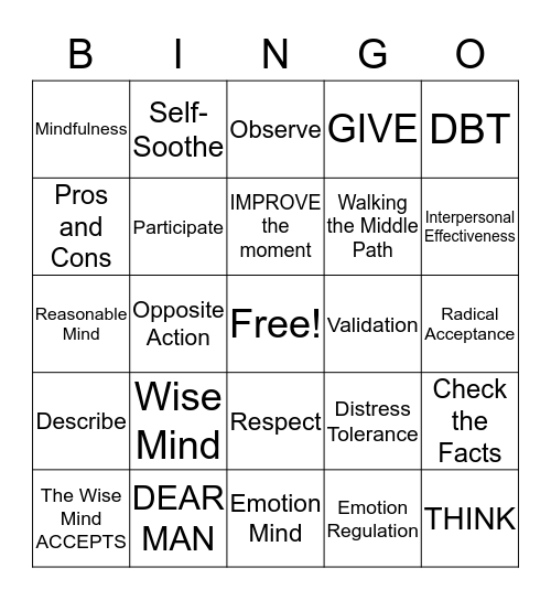 DBT Skills Bingo! Bingo Card