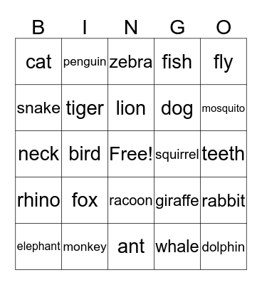 Animal Bingo Card
