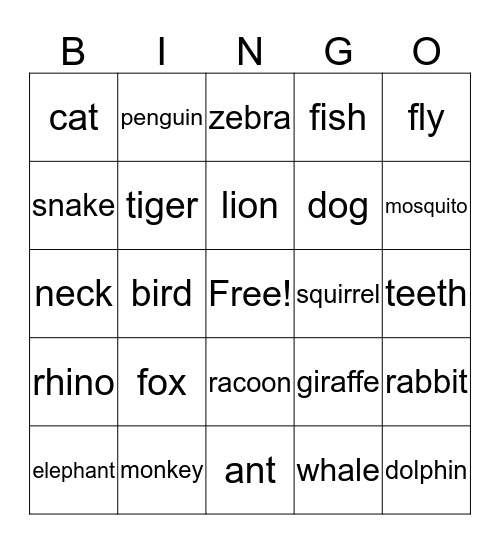 Animal Bingo Card