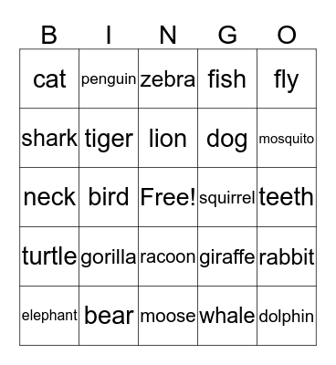 Animal Bingo Card
