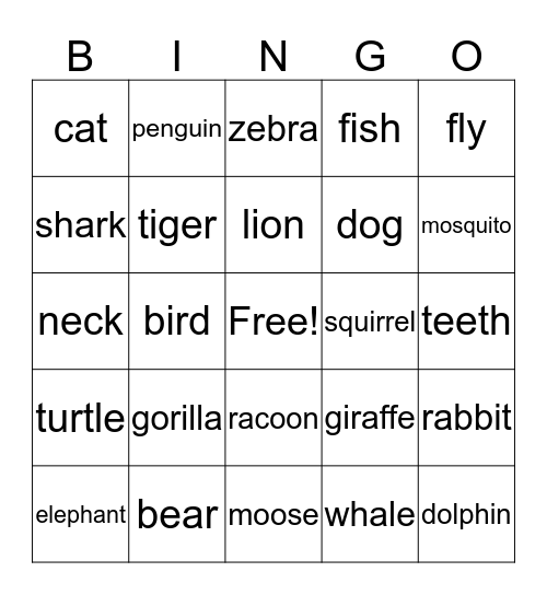 Animal Bingo Card