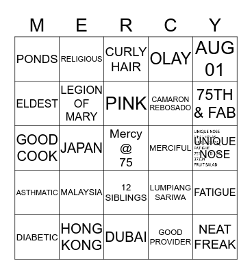 #MercyFullBloom75 Bingo Card