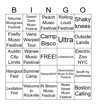 MUSIC FESTIVALS Bingo Card