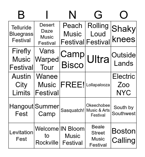 MUSIC FESTIVALS Bingo Card