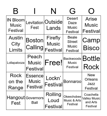 Music Festivals Bingo Card