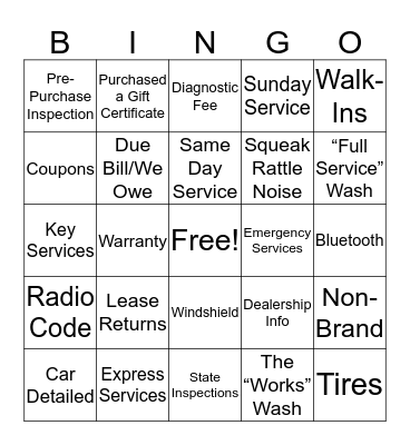 Soft Touch Auto Wash Bingo Card