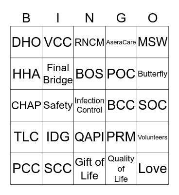 Hospice BINGO Card