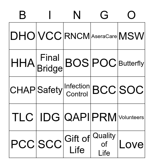 Hospice BINGO Card
