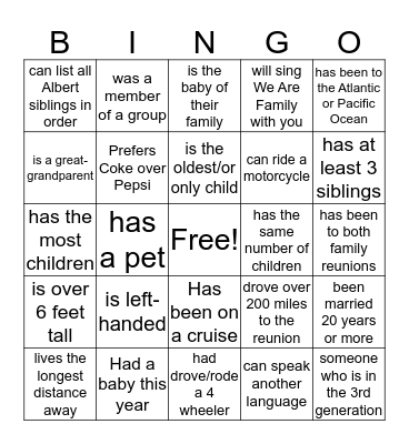 ALBERT FAMILY BINGO Card