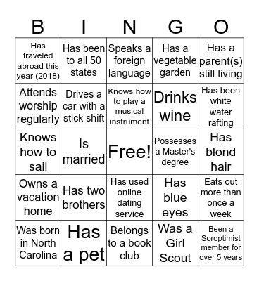 Soroptimist Icebreaker.7.26.2018 Bingo Card