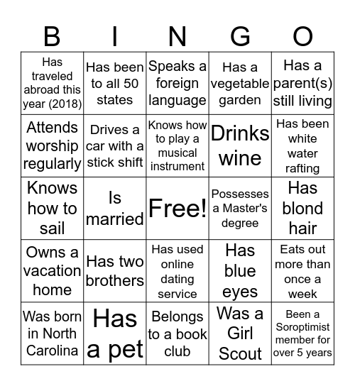 Soroptimist Icebreaker.7.26.2018 Bingo Card