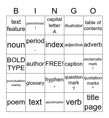 Language Arts Bingo Card