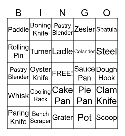 Kitchen Equipment  Bingo Card