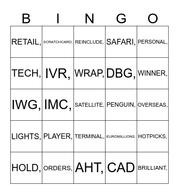 Camelot Bingo Card