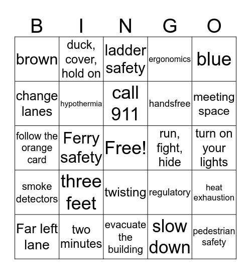 Safety  Bingo Card