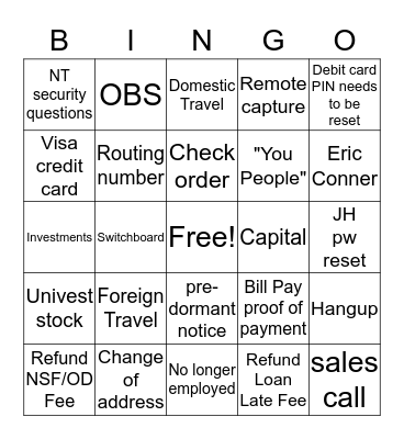 Service Center Bingo Card