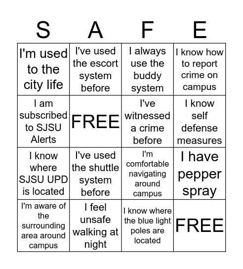 Spartan Safety Bingo Card