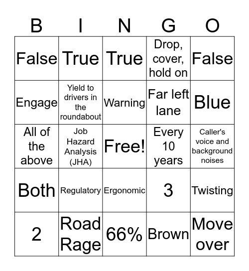 Safety Bingo Card