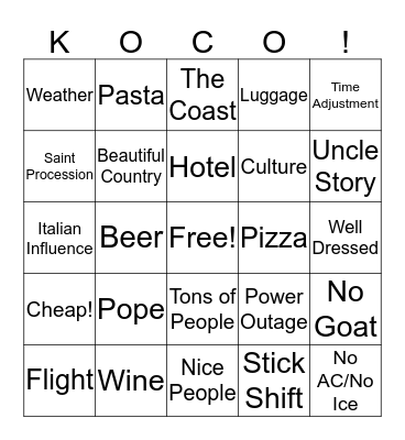 Koco Bingo Card