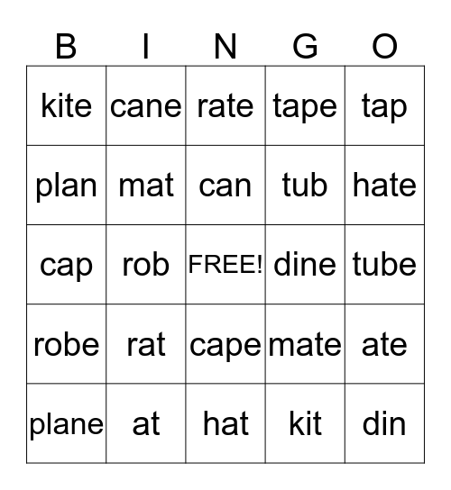 VCe - Long Vowel, Silent e Bingo Card