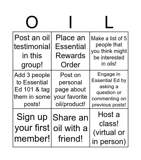 Oily Bingo Card