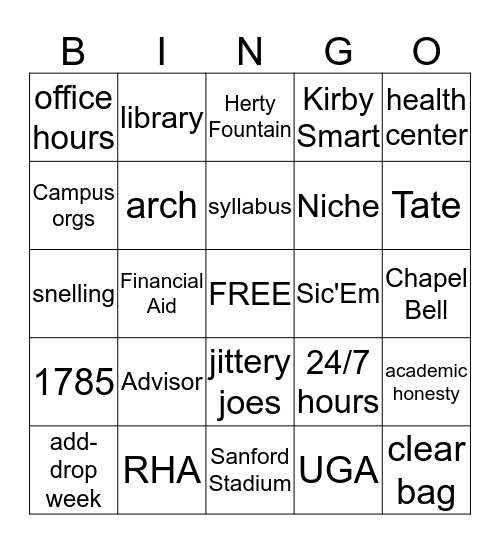 University of Georgia Bingo Card