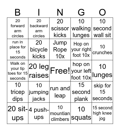 Fitness #1 Bingo Card
