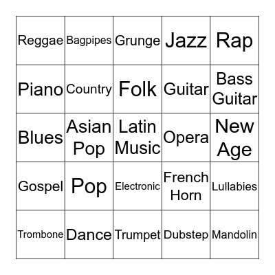 Music and Instruments Bingo Card