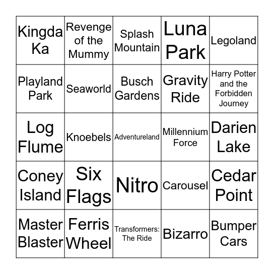 Theme Parks Bingo Card