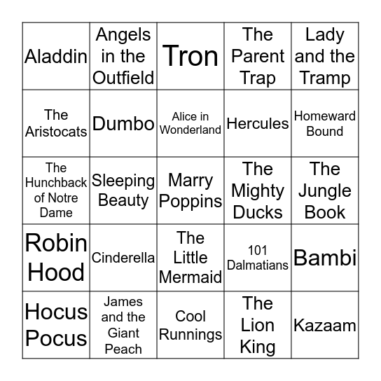 Disney Movies Bingo Card