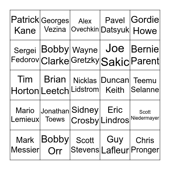 Hockey Stars Bingo Card