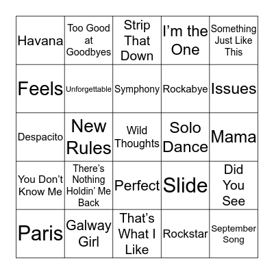 Biggest Songs from 2017 Bingo Card