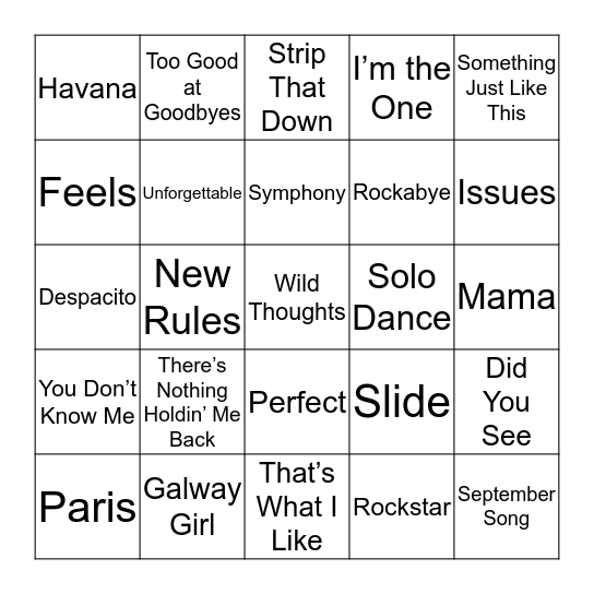 Biggest Songs from 2017 Bingo Card