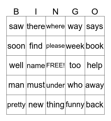 First Grade Sight Word Bingo - 1 Bingo Card