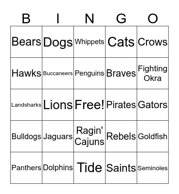 School Mascots Bingo Card