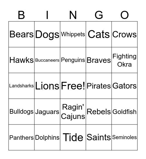 School Mascots Bingo Card
