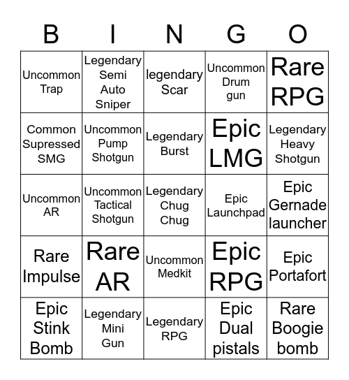 Fortnite Bingo Card