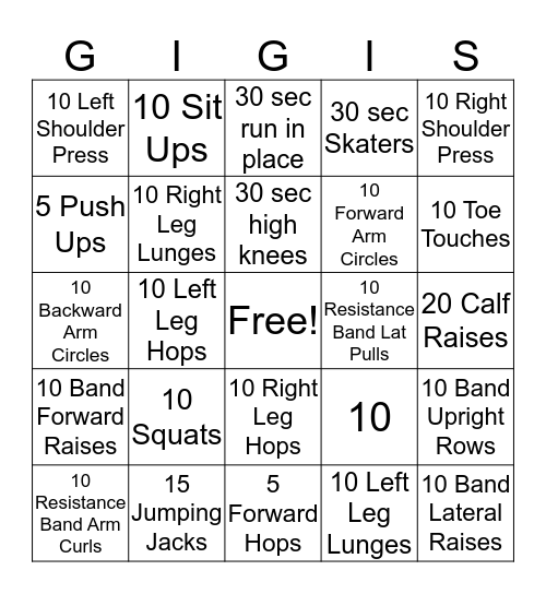 Fitness Bingo Card