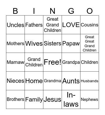 William Thomas Crisp Family Reunion 2018 Bingo Card