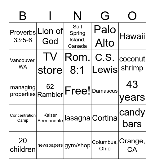 Dinner for 8 Bingo! Bingo Card