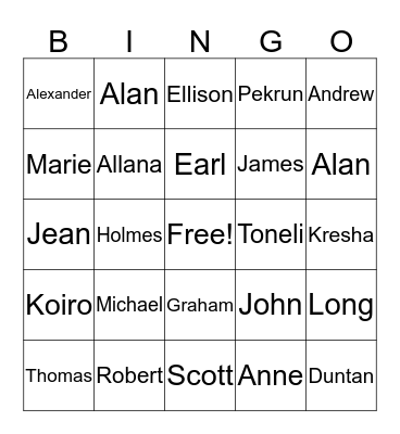 Middle Name Bingo Card