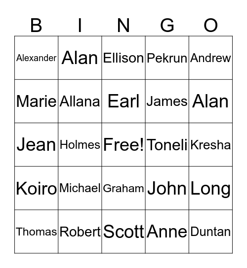 Middle Name Bingo Card