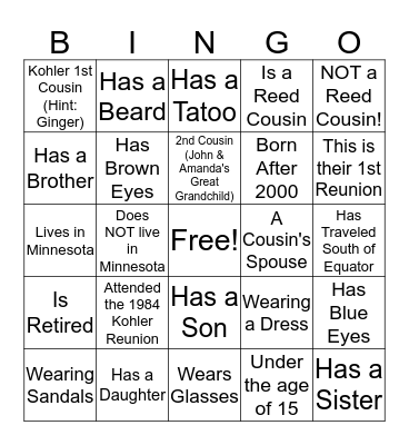 Kohler Cousins Fun!! Bingo Card