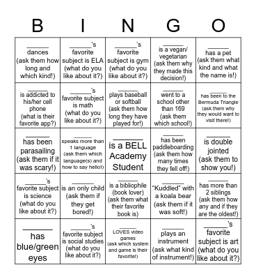 Getting to Know you BINGO Card