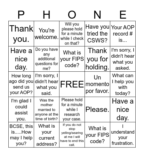 Helpline Bingo Card