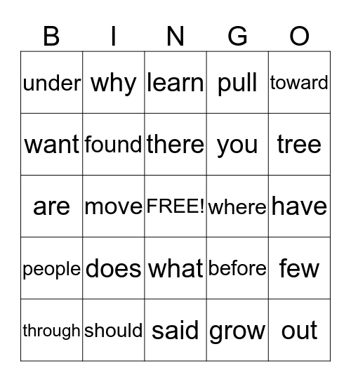 SIGHT WORD BINGO Card