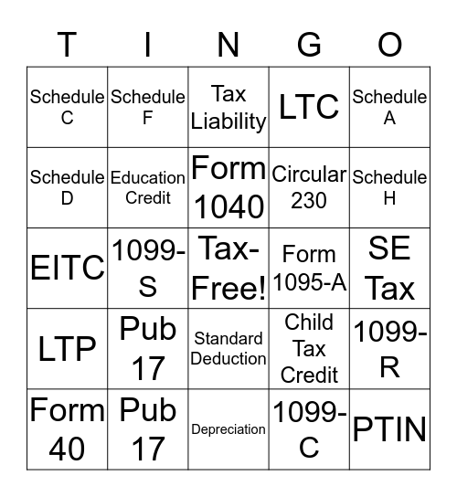 TAX Bingo Card