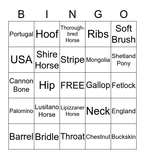 Chestnut Lane Horse Bingo Card